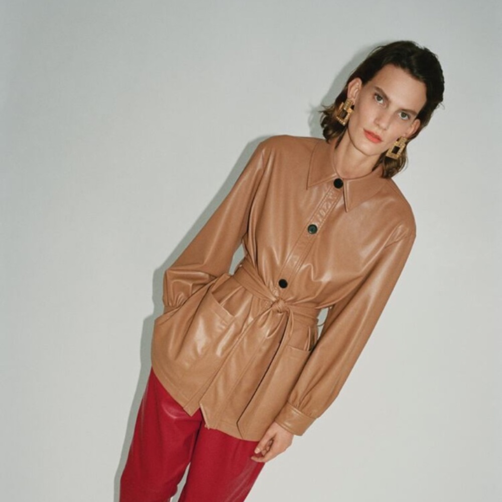 ZARA FAUX LEATHER OVERSHIRT IN TAUPE BROWN